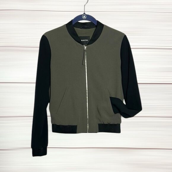 NWOT Babaton Khaki & Black Crepe Lightweight Bomber Jacket Lined Zip Front XXS - Picture 1 of 12